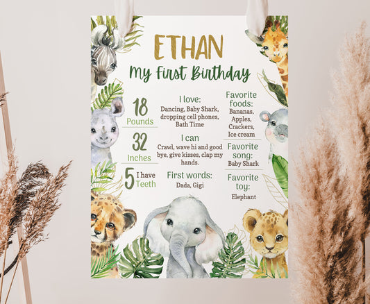 Safari Milestone Poster | Jungle 1st Birthday Decorations - 35A
