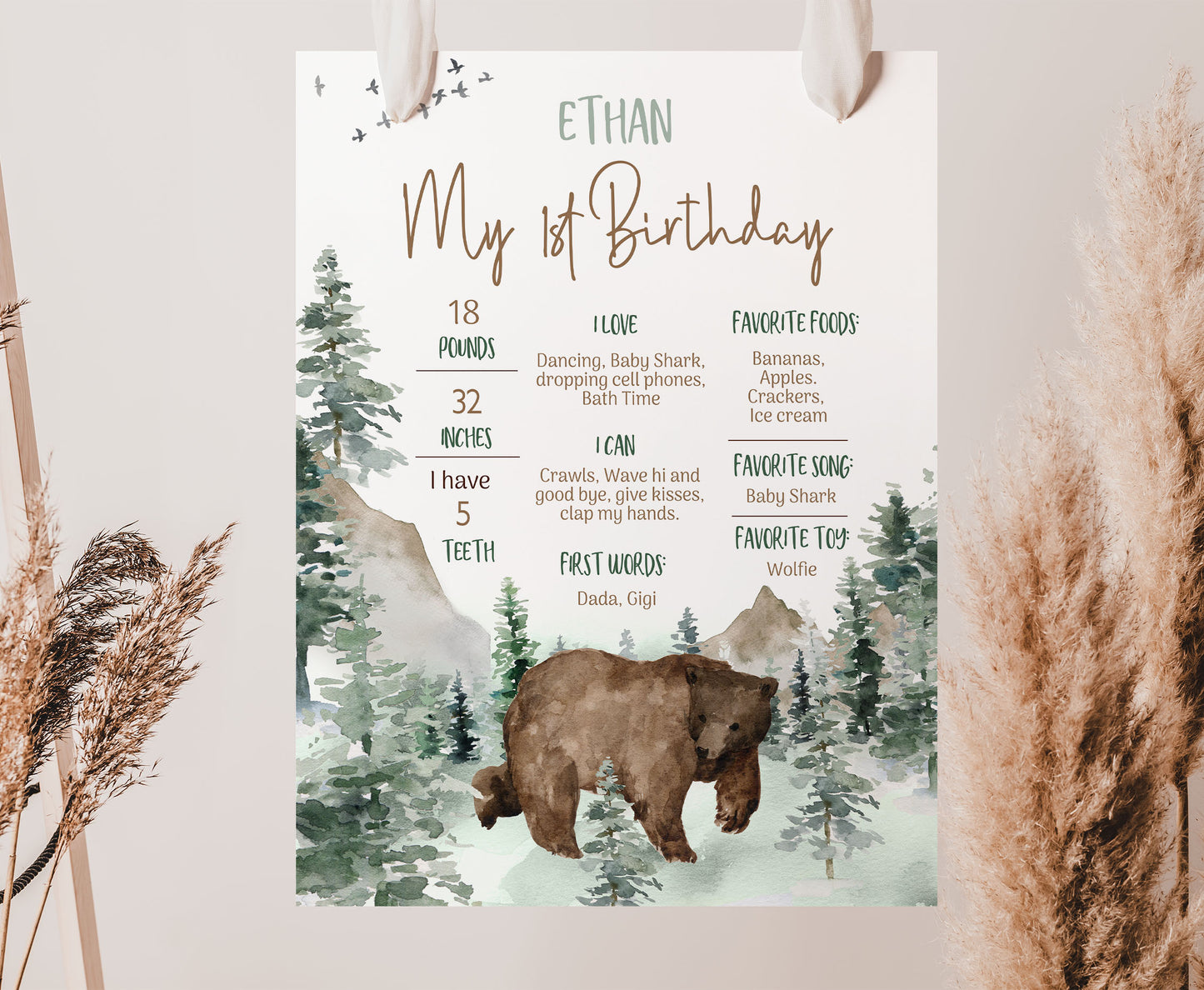 Bear Milestone Poster | Woodland 1st Birthday Decorations - 47H