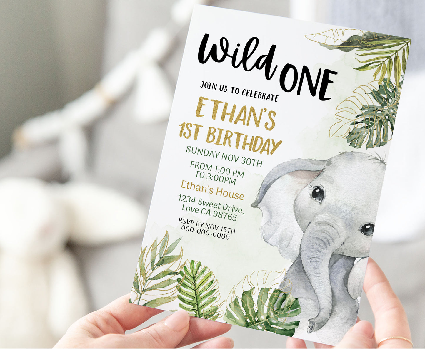 Elephant Wild One Invitation | Editable Safari 1st Birthday Invite - 35A