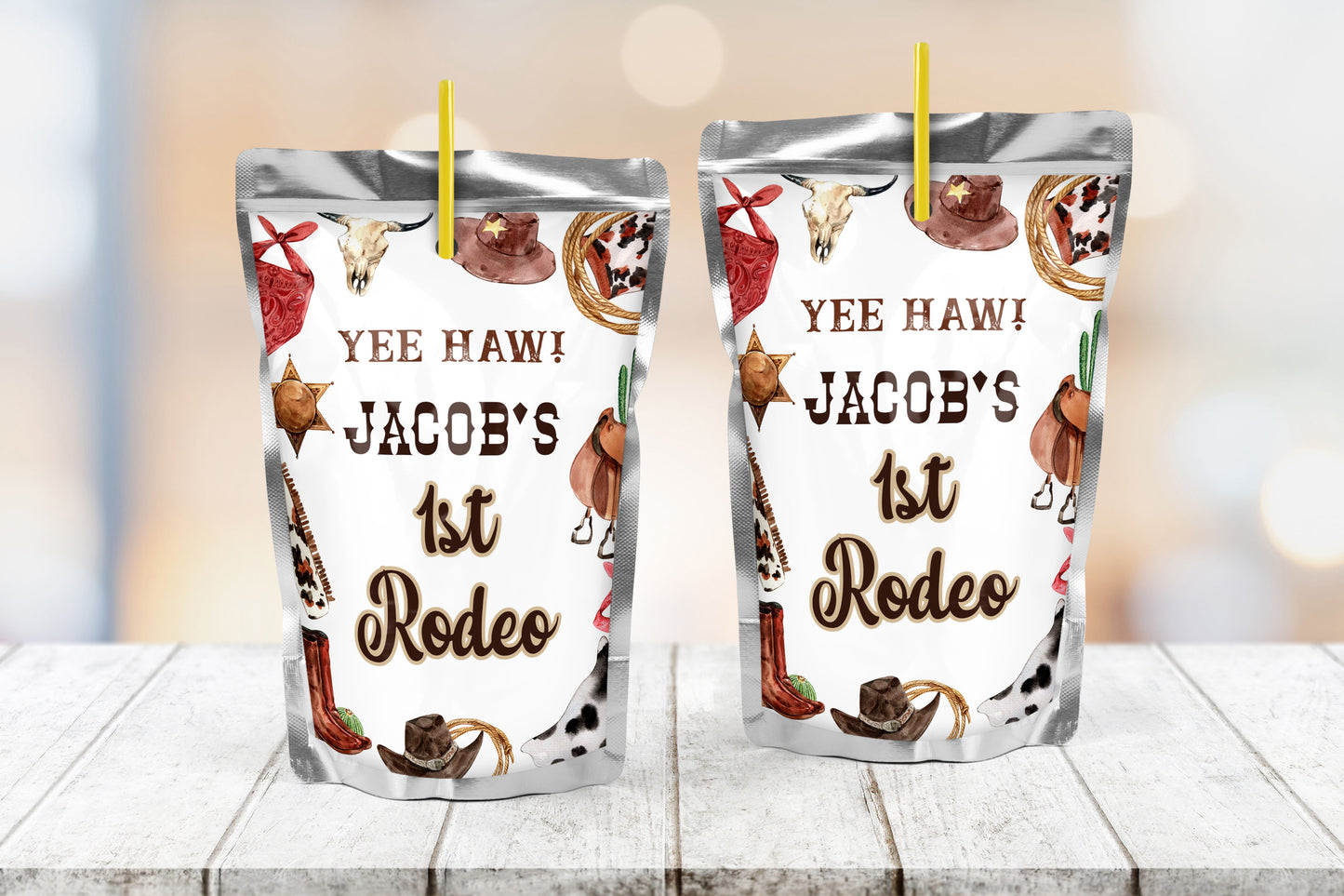 Editable Cowboy Birthday Juice Pouch Labels | Rodeo Themed Party Favors - 34A