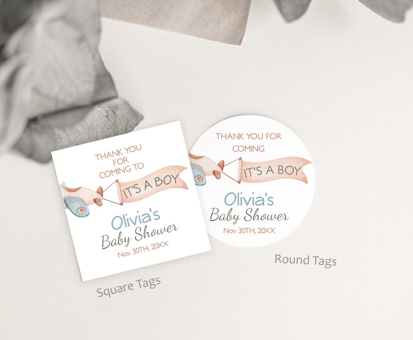 Editable It's aboy Thank You Tags 2"x2" Round and Square | Bear baby shower stickers - 76C