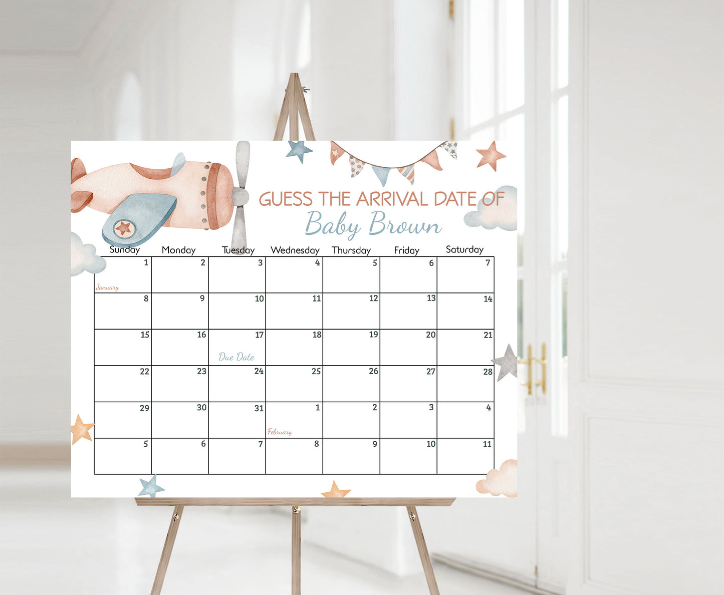 Airplane Due Date Calendar | Aviator Baby Shower Game - 76C