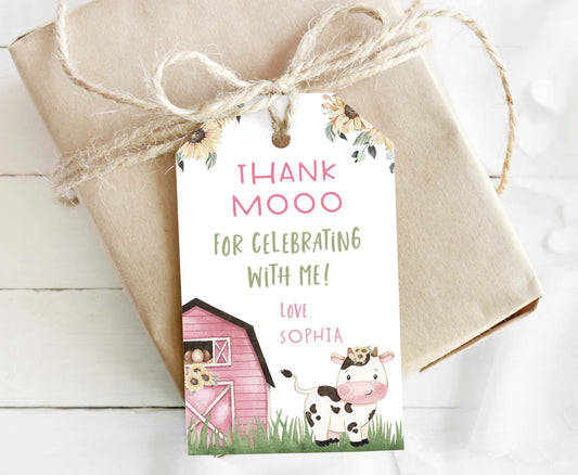 Sunflower Cow Thank You Tags Girl | Floral Farm Birthday Party Printable - 11G