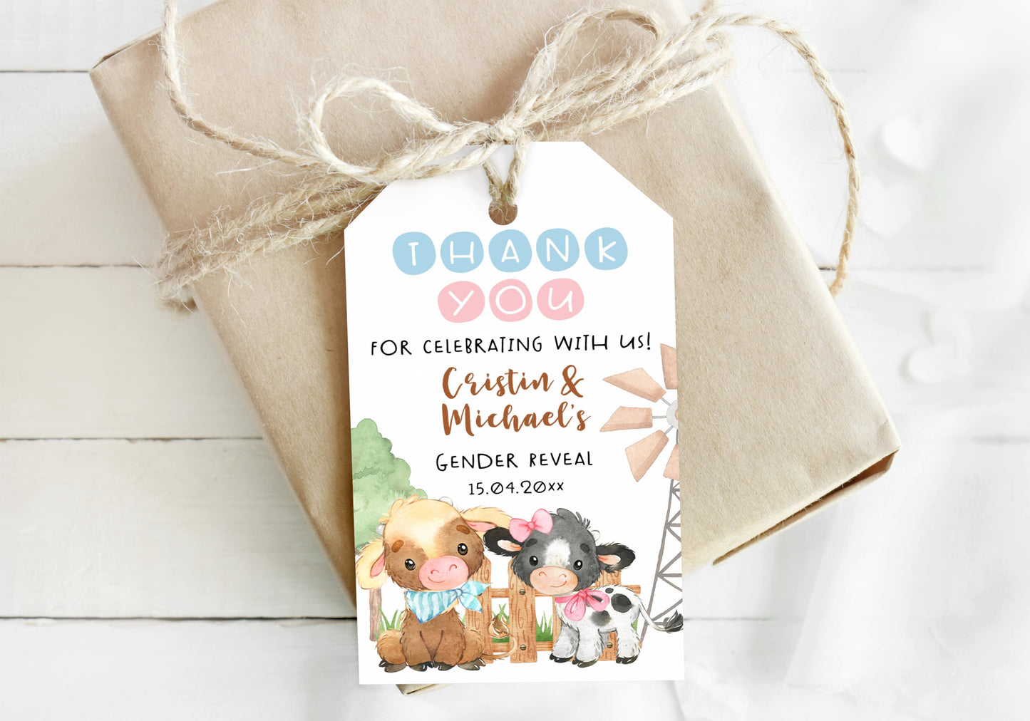 Editable Cow Thank you Tags | Farm Gender Reveal Favor Tags - 11C3