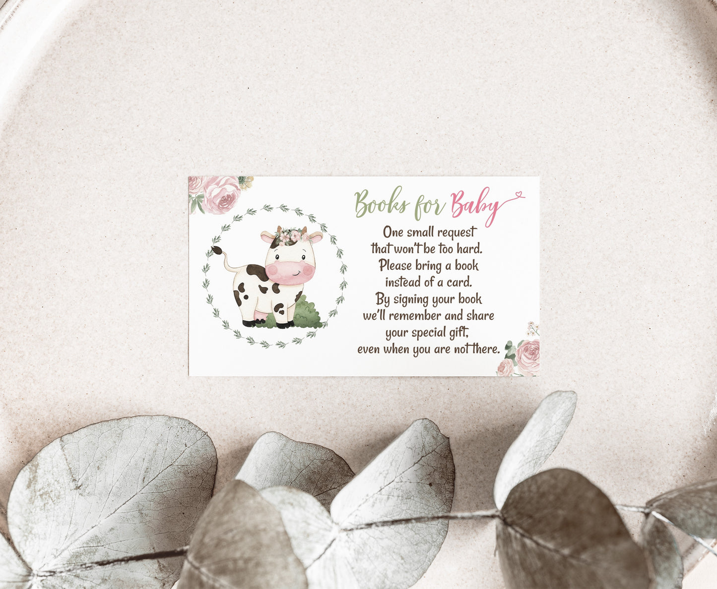 Cow Books For Baby Request Card | Girl Farm Baby Shower Invitation insert - 11A