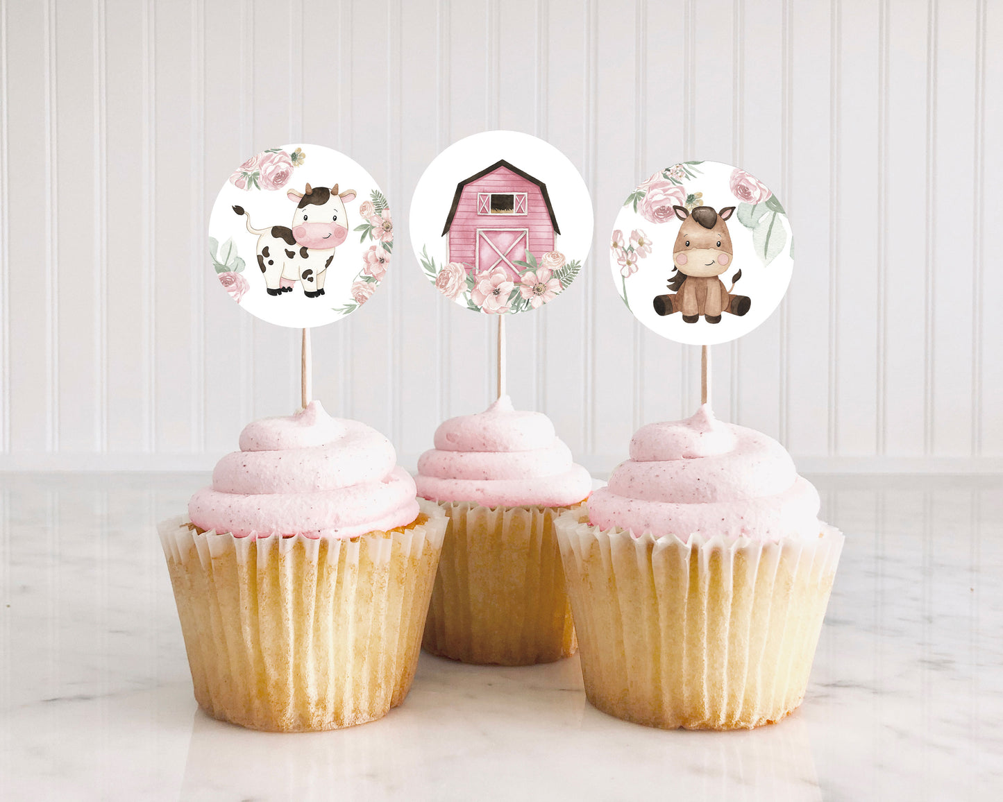 Floral Farm Cupcake Toppers | Girl Barnyard Themed Party Cupcake Picks - 11A