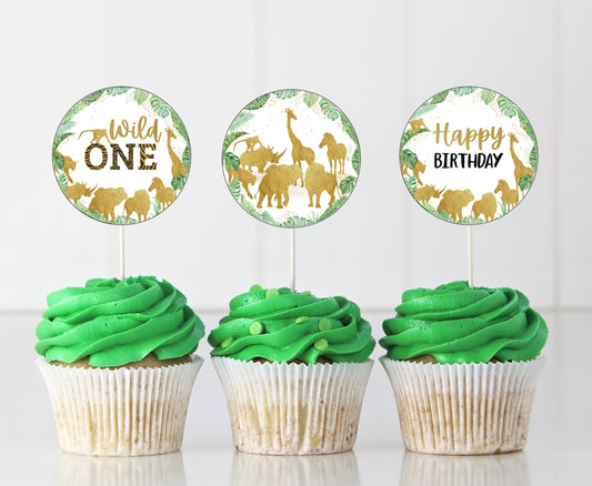 Safari Wild One Cupcake Toppers | Jungle Themed Birthday Cupcake Picks - 35K