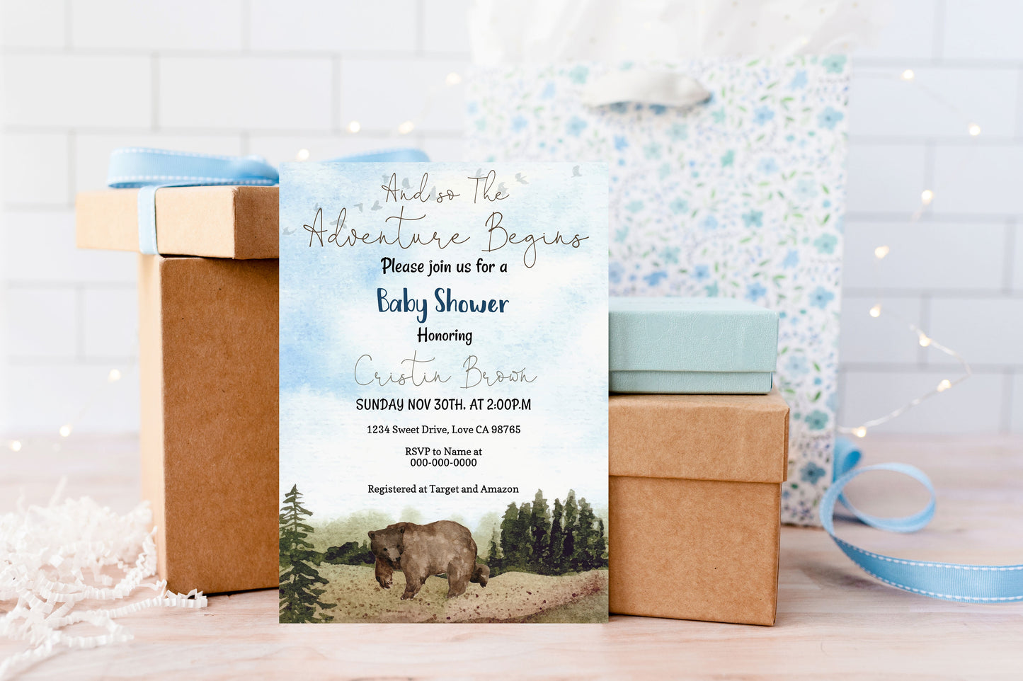 Bear Baby Shower Invitation | Editable Woodland Baby Boy Shower Invite - 47H2