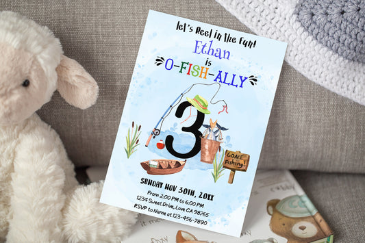 O-Fish-Ally Three Birthday Invitation | Editable Fishing Theme Party Invite - 97A