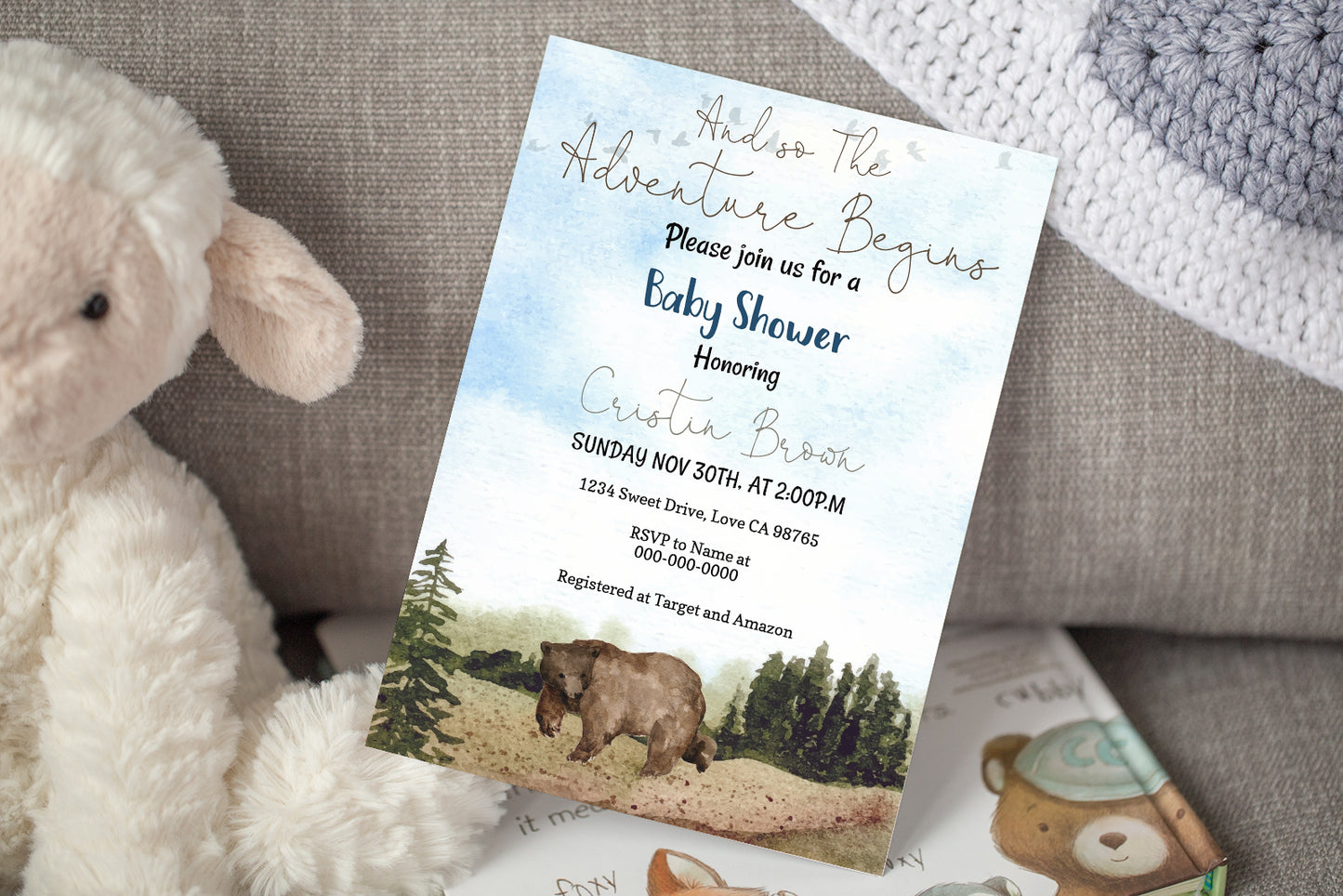 Bear Baby Shower Invitation | Editable Woodland Baby Boy Shower Invite - 47H2