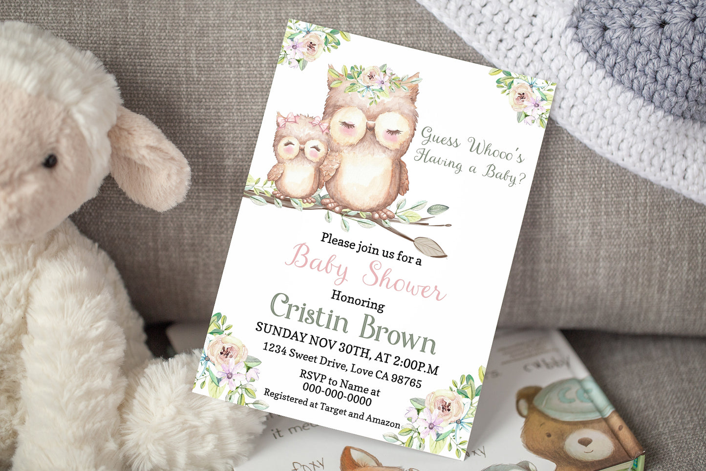 Guess Whoo's Having A Baby Invitation | Editable Owl Girl Baby Shower Invite - 78A