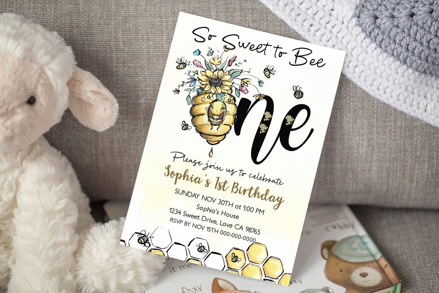 So Sweet to Bee One Editable Invitation | Bee 1st Birthday Party Invite - 61A