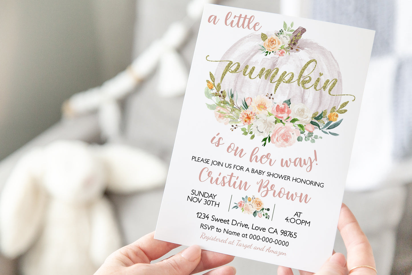 A Little Pumpkin is on the Way Invitation | Editable Pumpkin Baby Shower Girl Invite - 30H