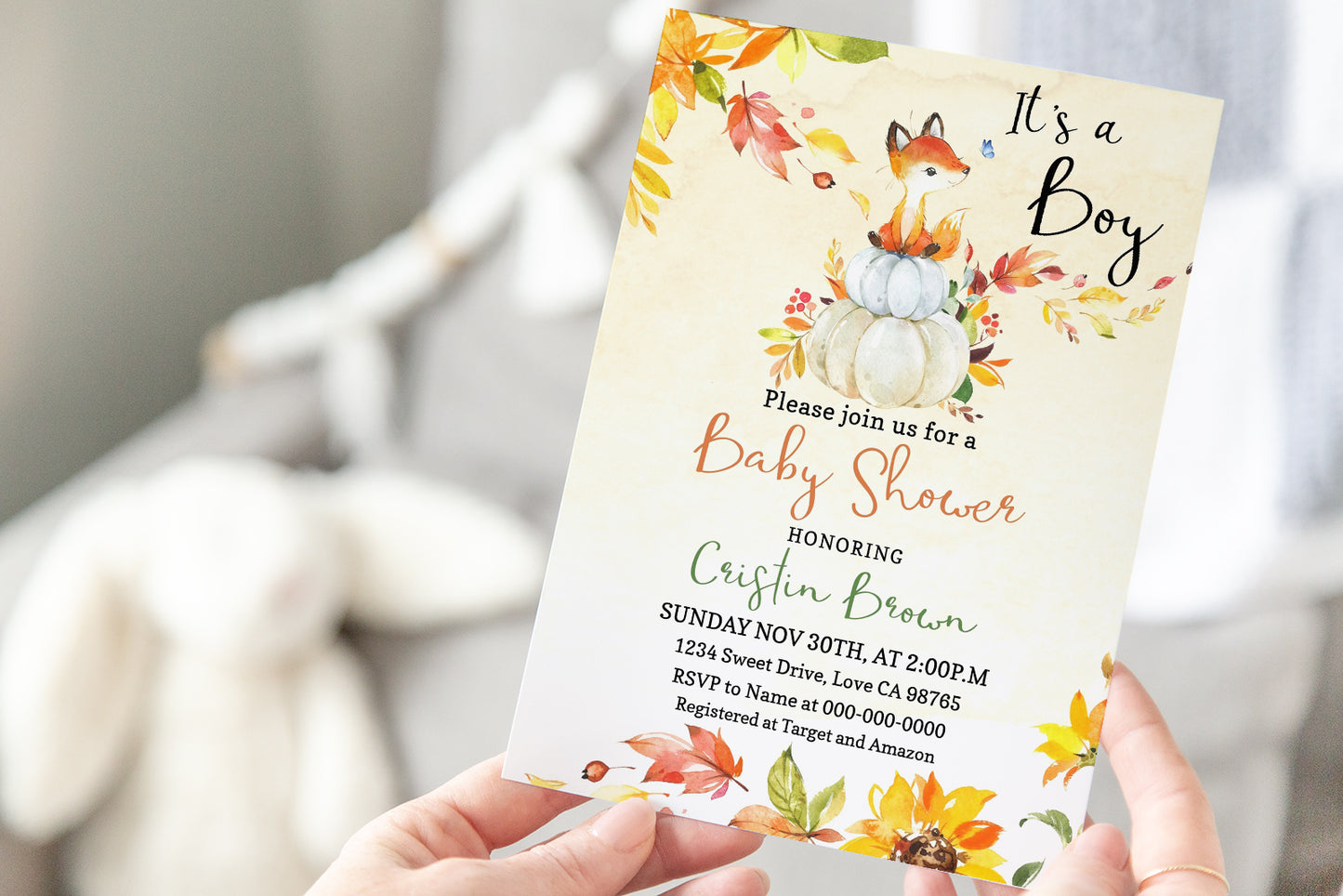 Editable It's a Boy Pumpkin Invitation | Fall Fox Baby Shower - 30F2