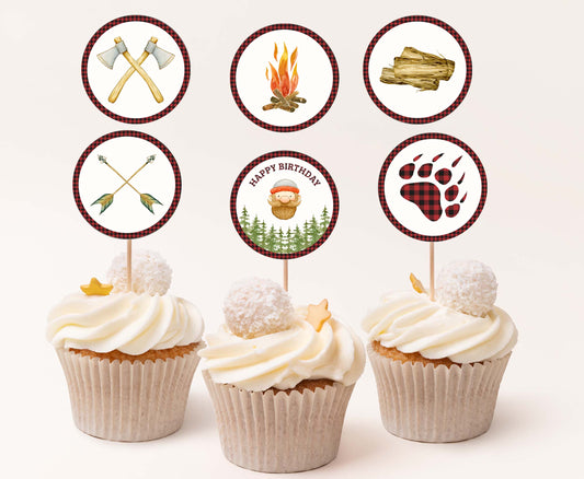 Lumberjack Birthday Cupcake Toppers | Buffalo Plaid Themed Party Decorations -19A