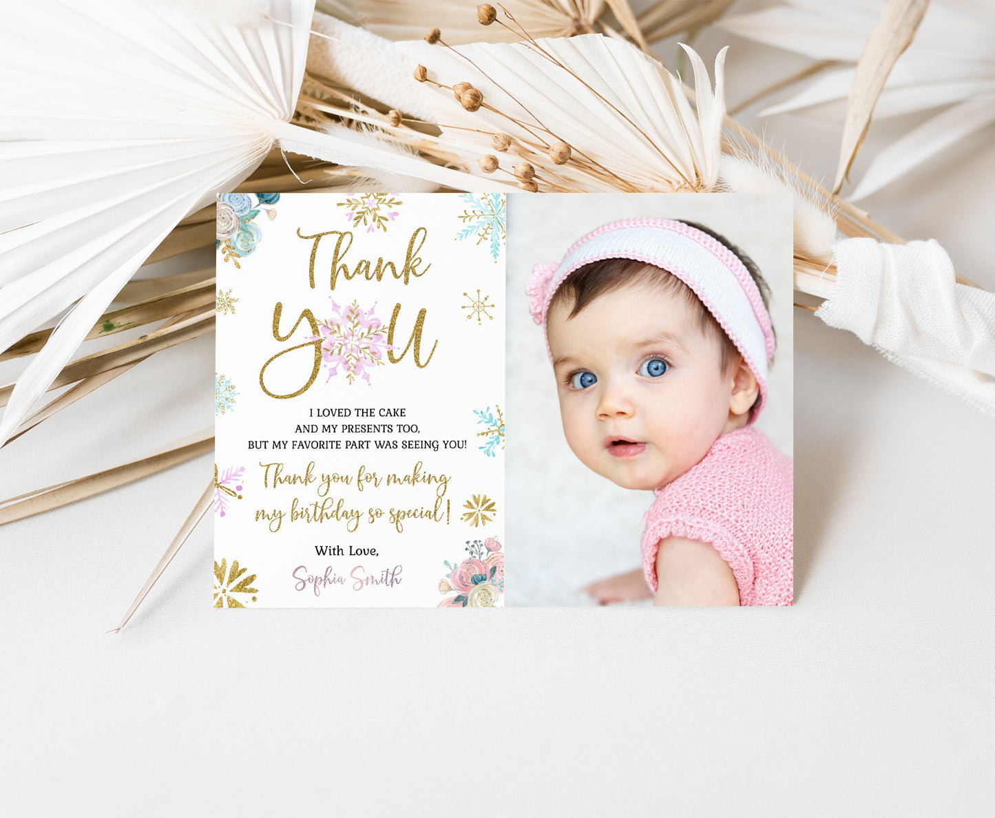 Winter Photo Thank You Card | Editable Snowflake Birthday Thank You Note - 46A