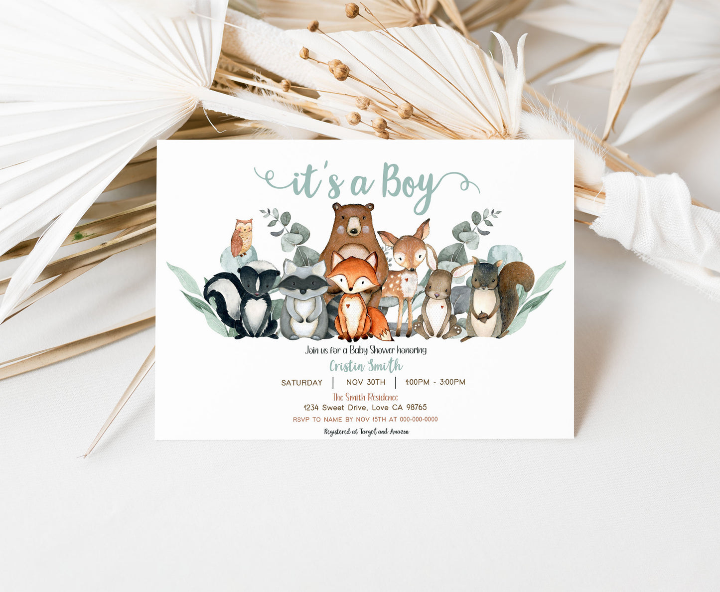 Eucalyptus Woodland Baby Shower Invitation | Editable Greenery Woodland Baby Shower Invite - 47J1