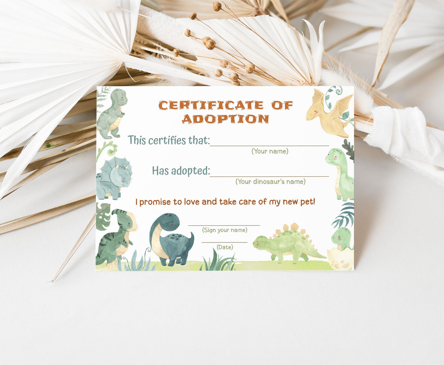 Dinosaur adoption certificate | Dinosaur birthday party - 08B