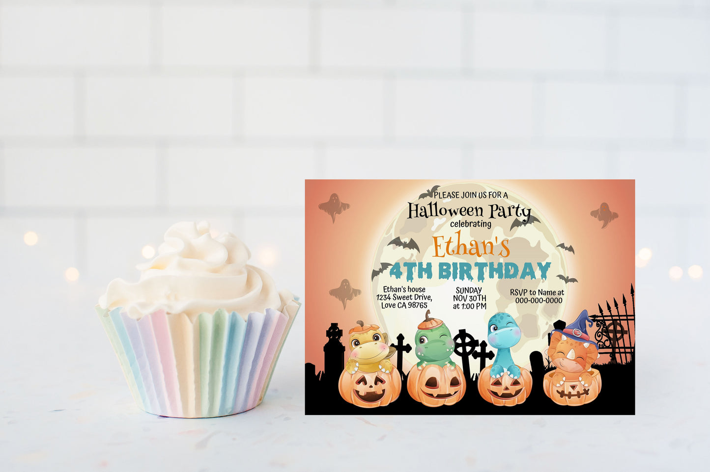 Editable Pumpkin Dinosaurs Invitation | Halloween Theme Party- 115F