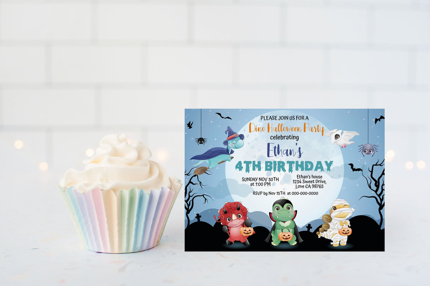 Editable Halloween Dinosaurs Birthday Invitation | Dinosaurs Party Theme -115F