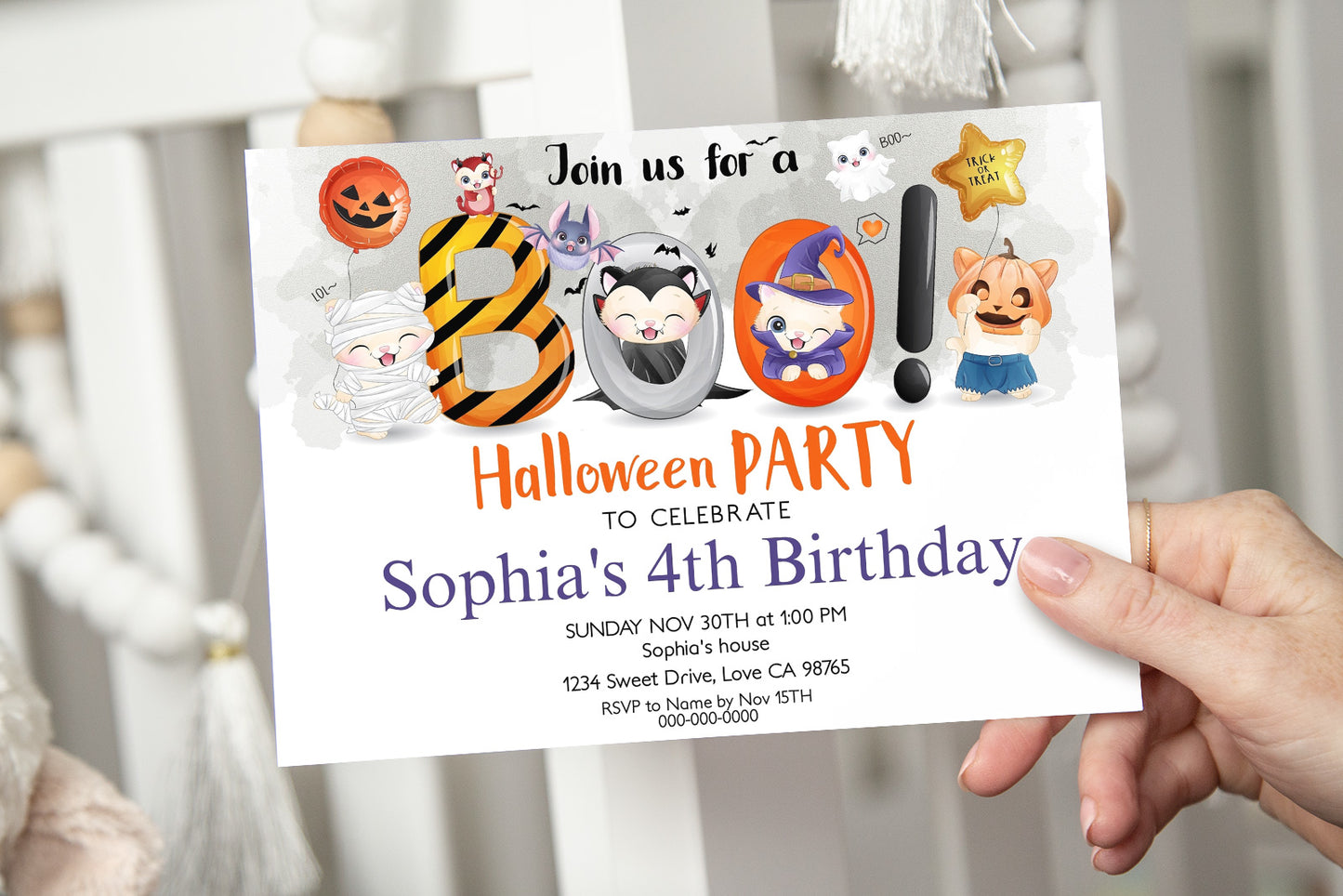Editable Cat Boo Birthday Invitation | Halloween Theme Party - 115F