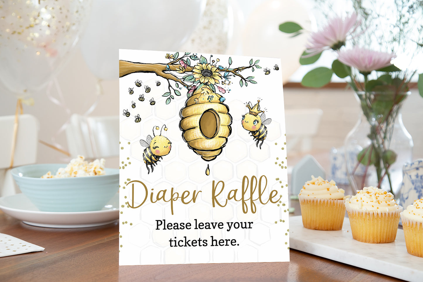 Bee Diaper Raffle Sign and Ticket Card | Bumble Bee Baby Shower Game Printable - 61A