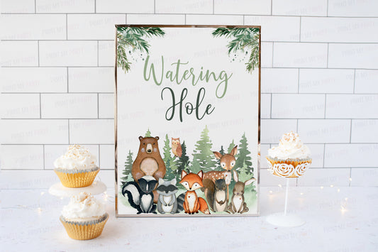 Woodland Watering Hole Sign | Forest Animals Party Table Decorations - 47J2