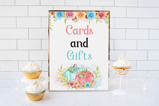 Pumpkin Cards and Gifts Sign Printable | Fall theme Gender Reveal Table Decoration - 30A
