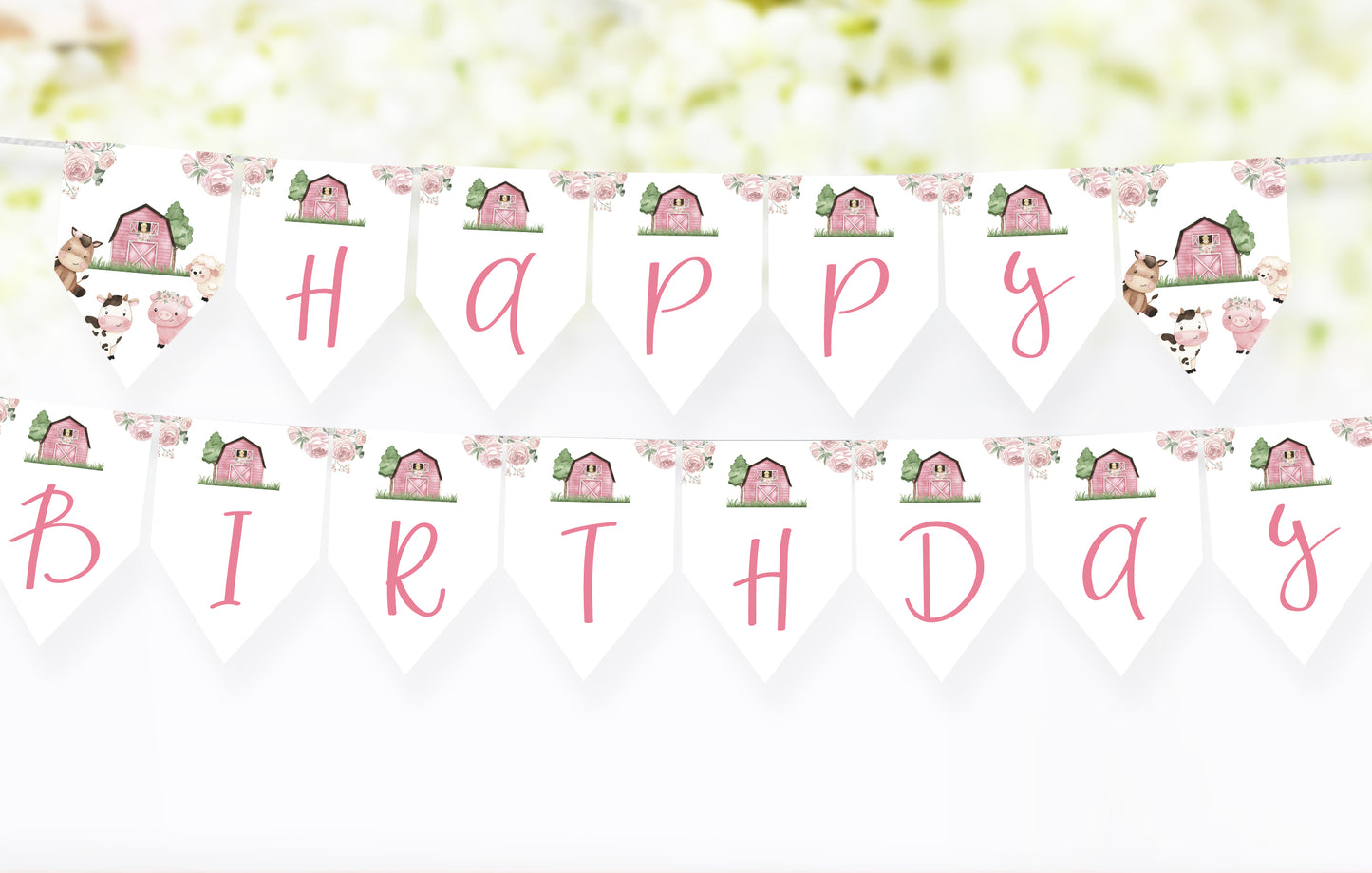 Floral Farm Happy Birthday Banner | Pink Barnyard Themed Party Decorations - 11A