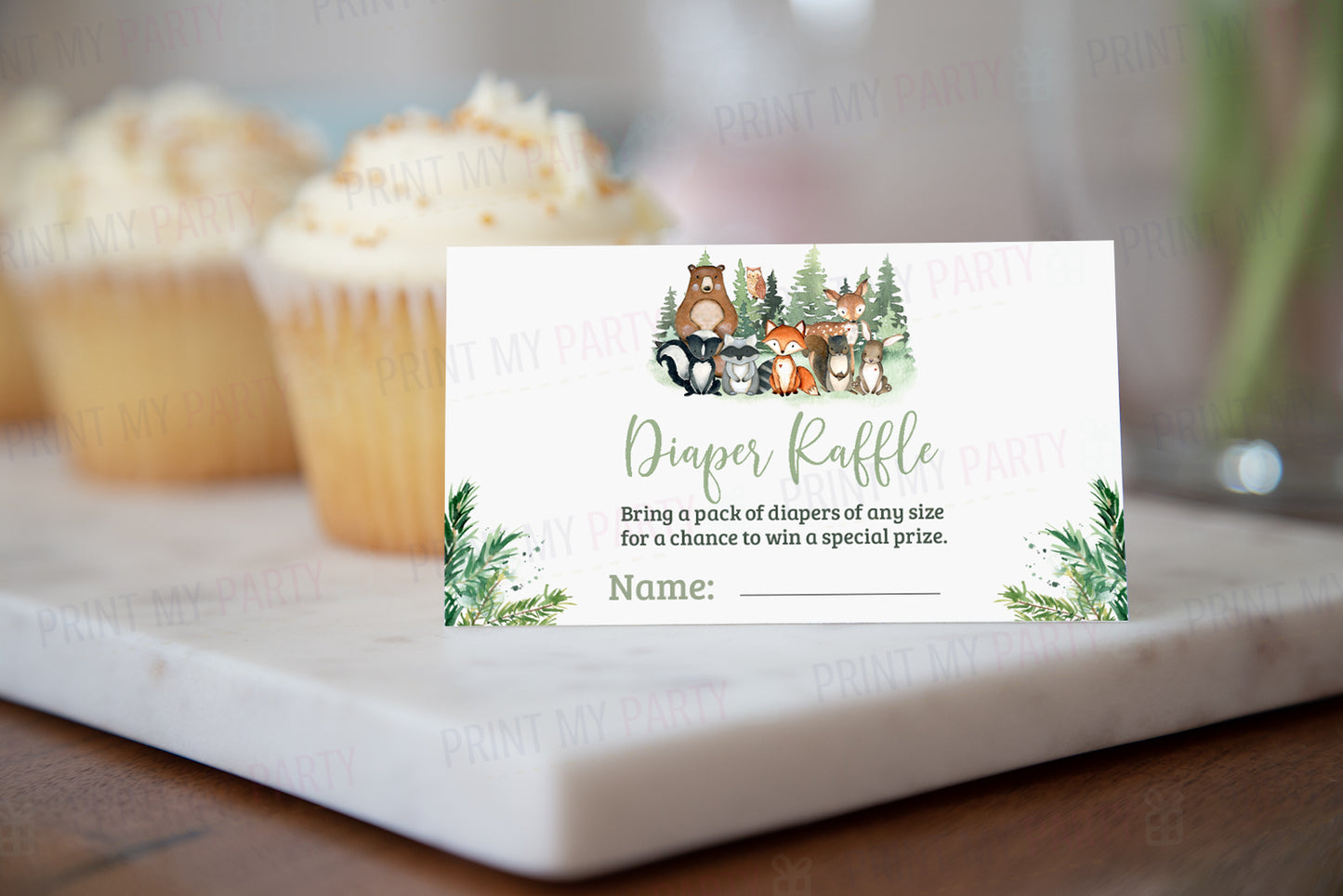 Woodland Diaper Raffle Sign and Tickets | Forest Animals Baby Shower Game - 47J2