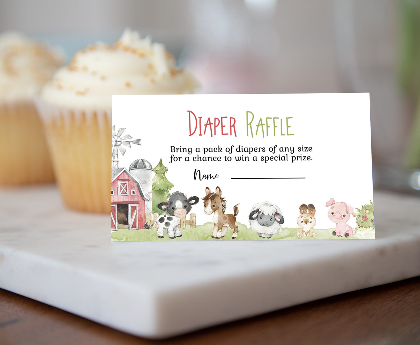 Farm Diaper Raffle Sign and Ticket Card | Barnyard Baby Shower Game Printable - 11C1