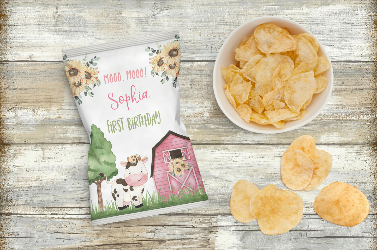 Editable Sunflower Cow Chip Bag Wrapper | FlorAL Farm Theme Birthday Party Decorations - 11G