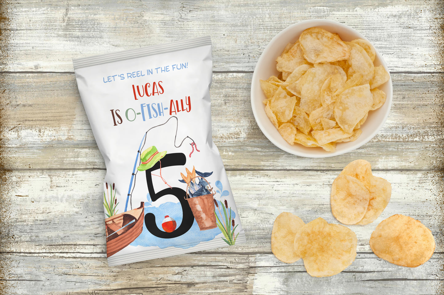 Editable O fish ally five Chip Bag Wrapper | Fishing Theme Birthday Party Decorations - 97A