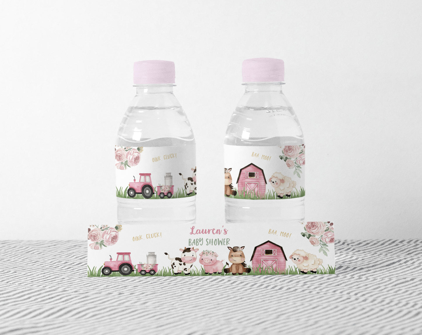 Editable farm water bottle label girl | Barnyard baby shower decorations - 11A