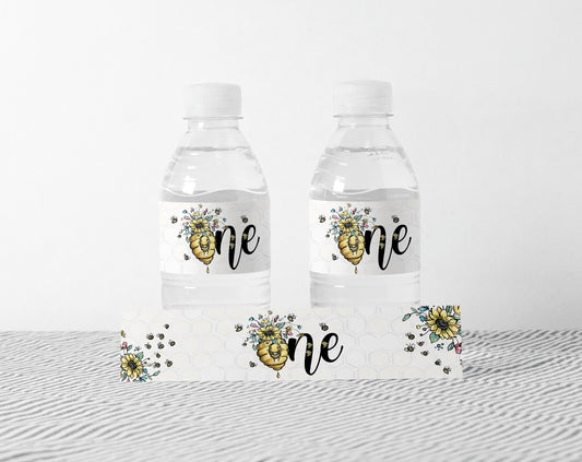 Bee First Birthday Water Bottle Labels | Bumble Bee Theme Party - 61A