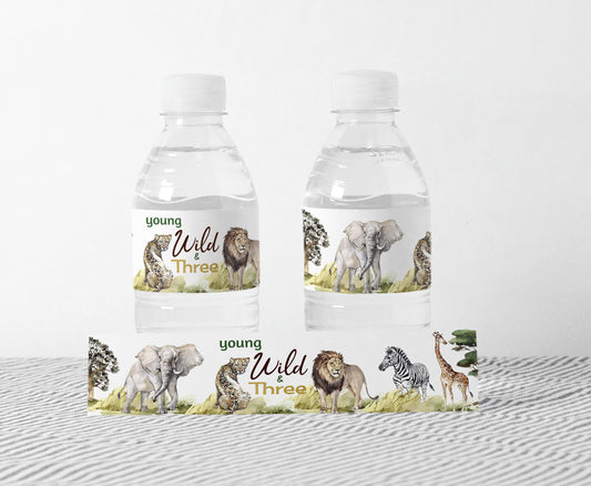 Young wild and three Safari Water Bottle Labels | Safari 3rd Birthday Party Decorations - 35I