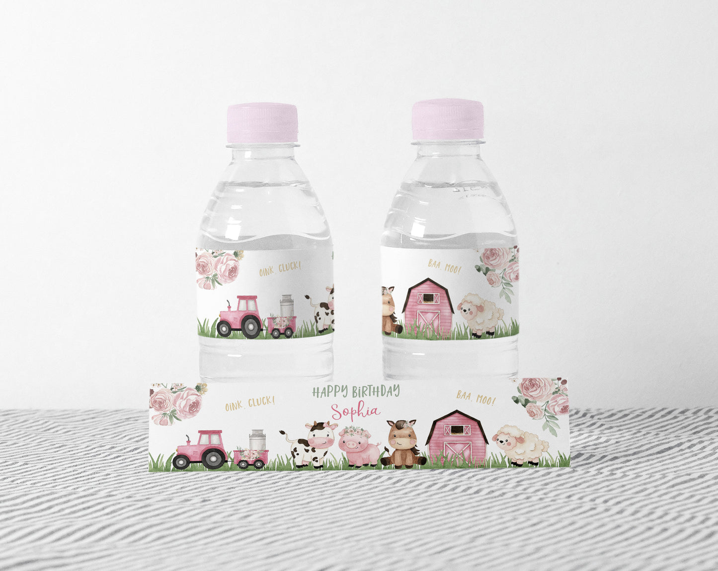 Editable Farm Water Bottle Label Girl | Pink Barnyard Birthday Decorations - 11A