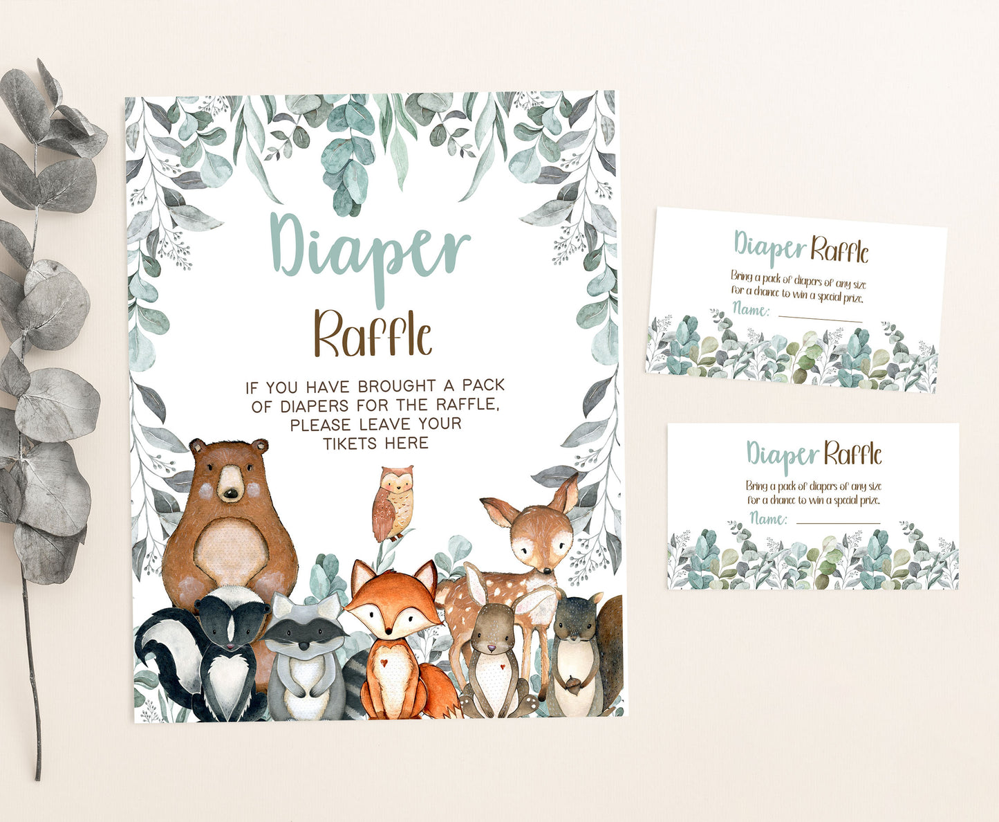 Woodlans Diaper Raffle Sign and Ticket Card | Forest Baby Shower Game Printable - 47J1