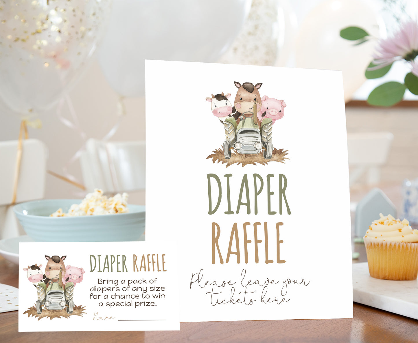 Farm Diaper Raffle Sign and Ticket Card | Farm Baby Shower Game Printable - 11E