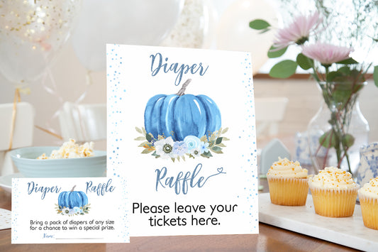 Blue Pumpkin Diaper Raffle Sign and Ticket Card | Fall Baby Shower Game Printable - 30B