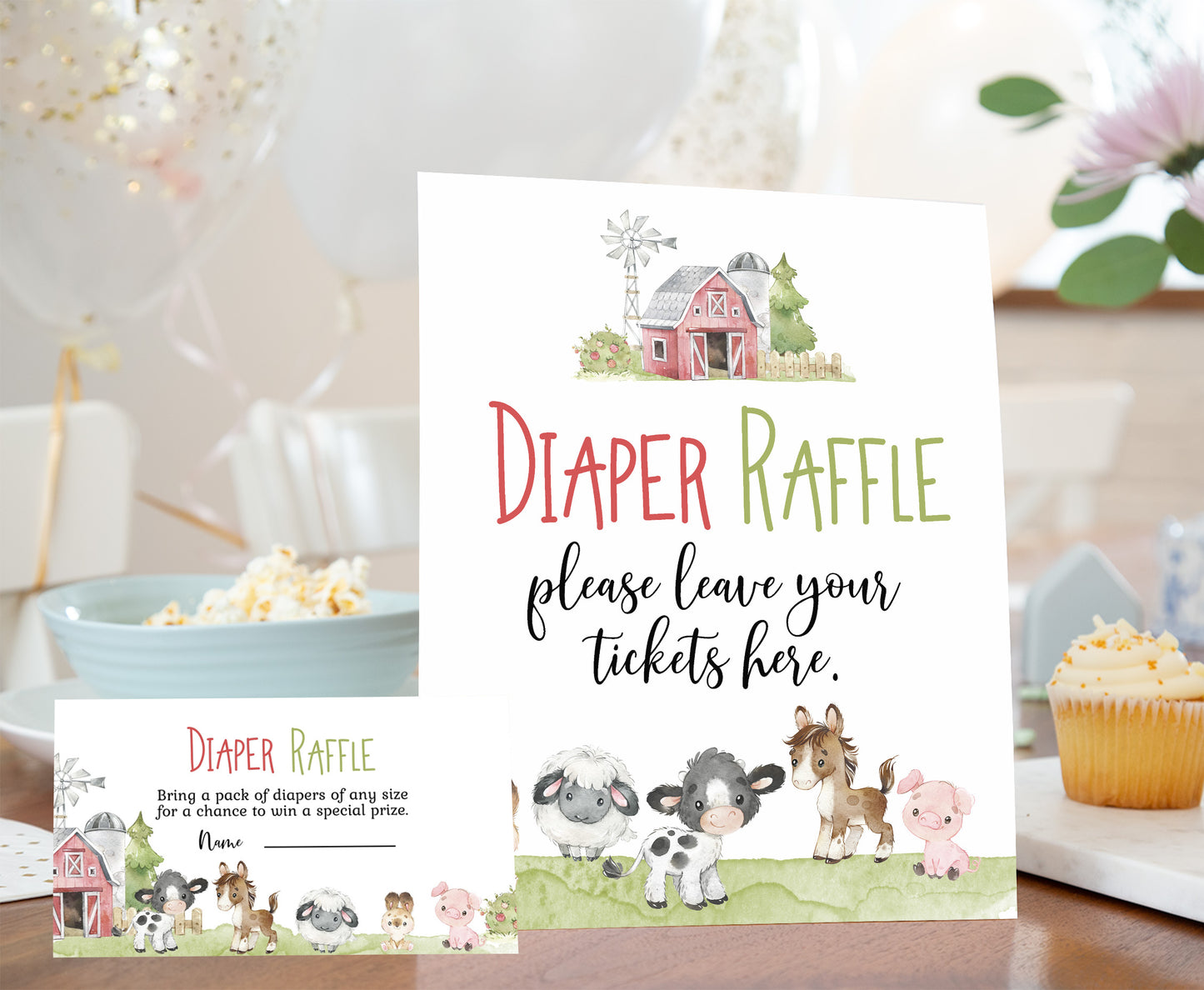 Farm Diaper Raffle Sign and Ticket Card | Barnyard Baby Shower Game Printable - 11C1