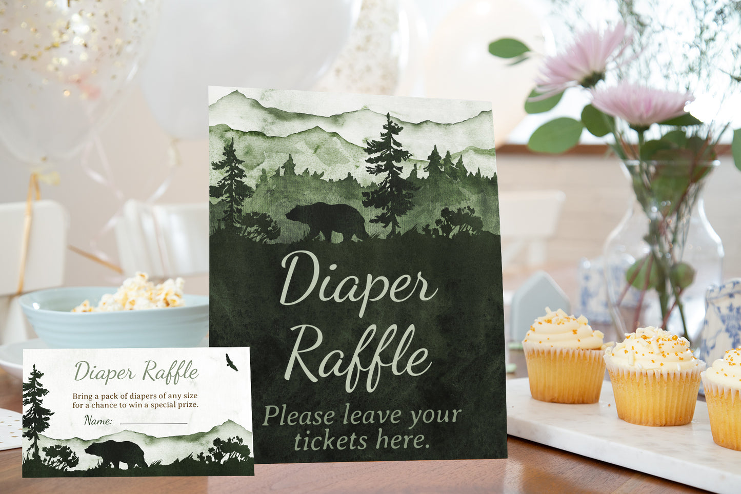 Forest Diaper Raffle Sign and Ticket Card | Woodland Baby Shower Printables - 47C