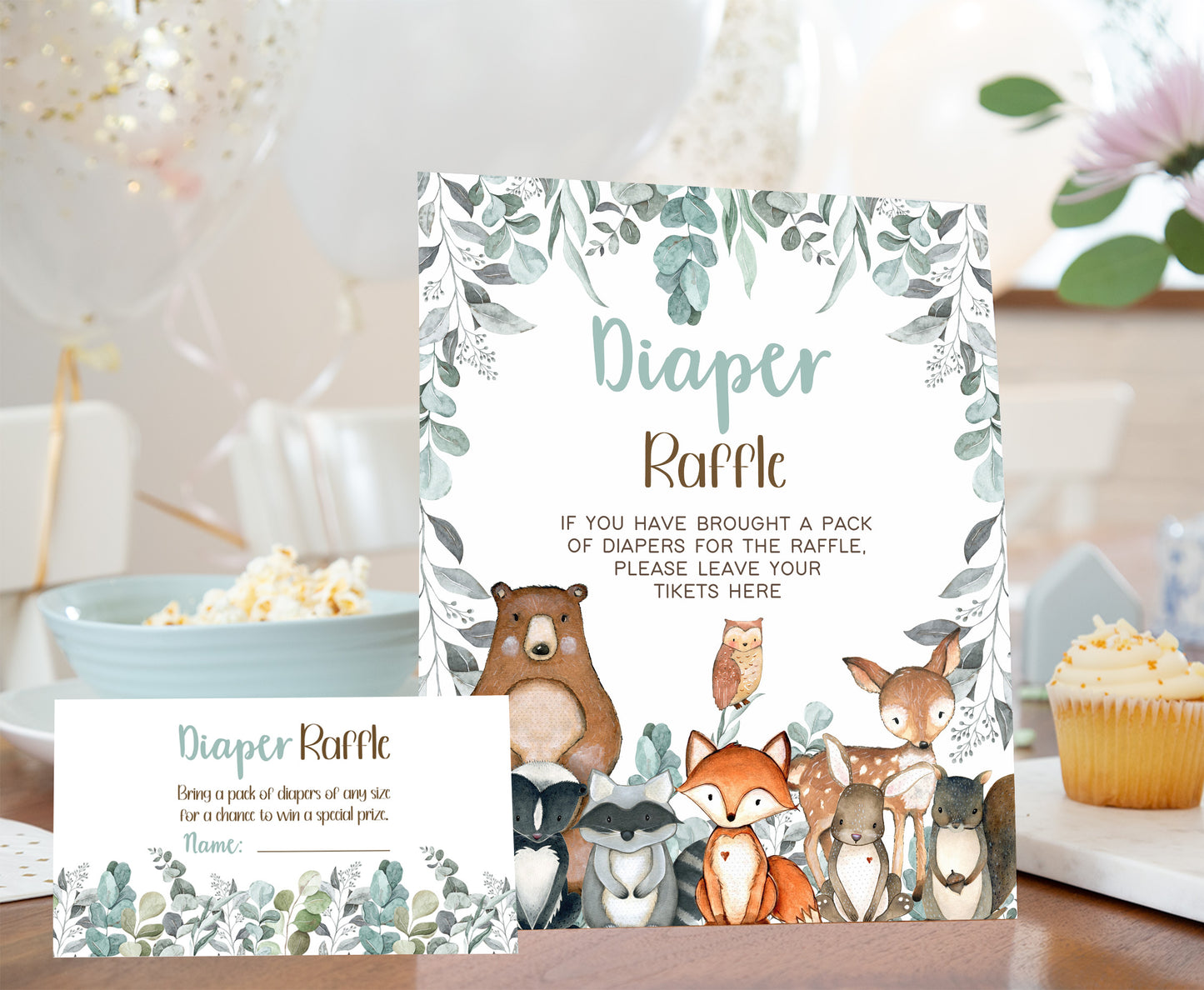 Woodlans Diaper Raffle Sign and Ticket Card | Forest Baby Shower Game Printable - 47J1