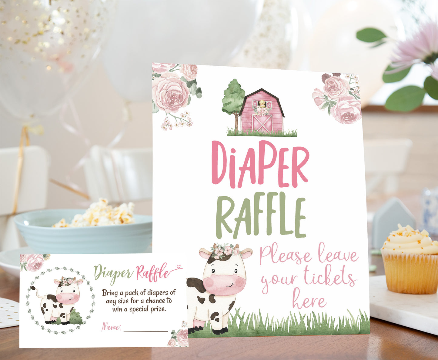 Cow Diaper Raffle Sign and Ticket Card | Girl Barnyard Baby Shower Game Printable - 11A