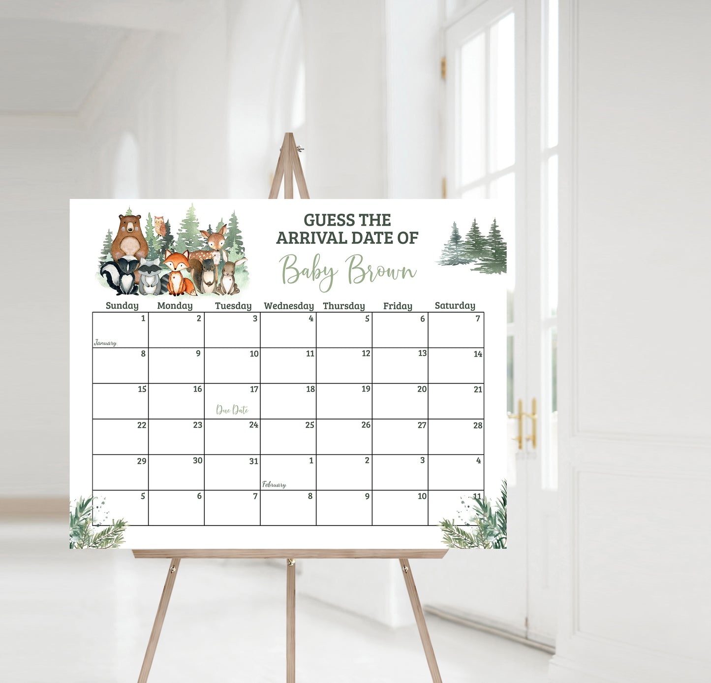 Forest Due Date Calendar | Editable Woodland Baby Shower Game - 47J2