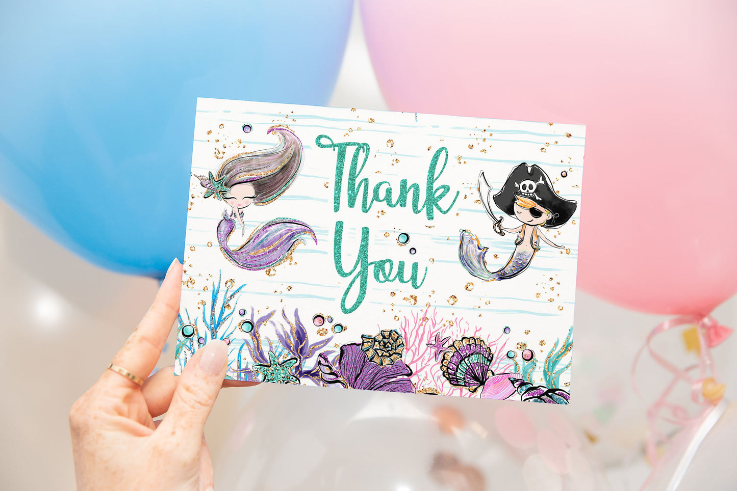Mermaid and Pirate Party Thank You Card - 20A