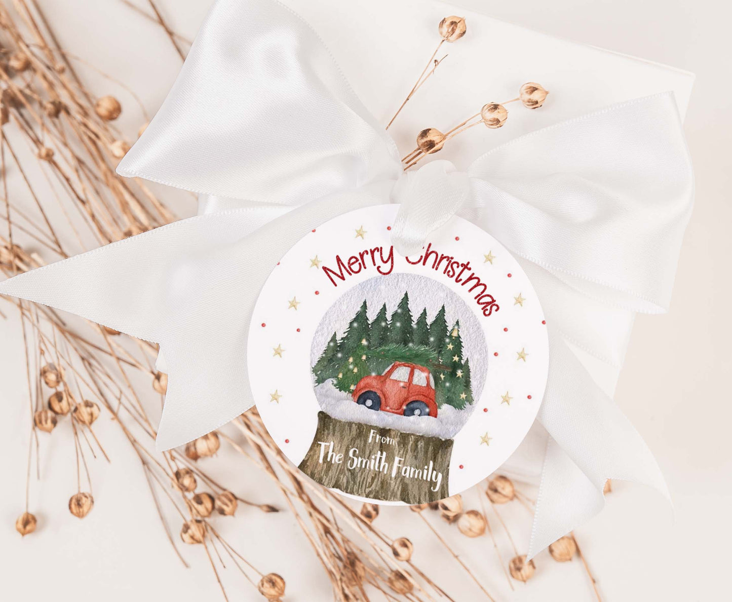 Snow Globe 2"x2" Tag | Editable Pine Tree Christmas Gift Tag - 112