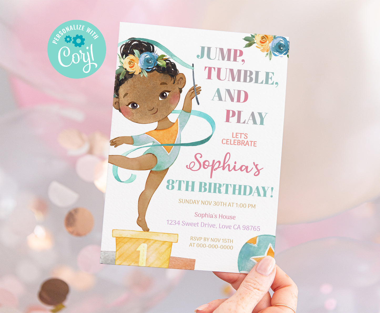Editable Gymnastic Birthday Invitation Girl | Floral Gymnastic Party Invite - 99A