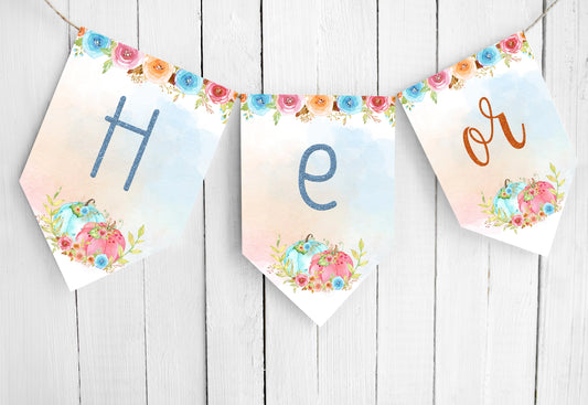 Pumpkin He or She Banner | Fall Gender Reveal Printable Decorations - 30A