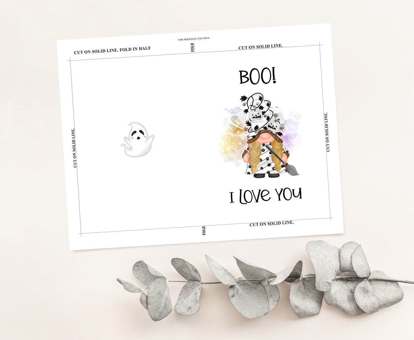 Boo Gnome Halloween Card | Printable 5x7 Folded card - Blank inside